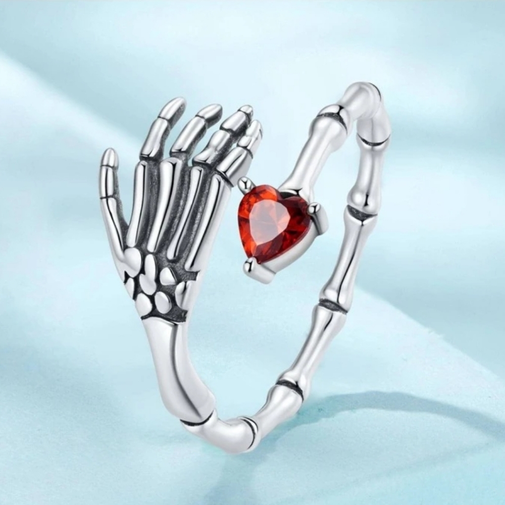 Sterling Silver Punk Hand Opening Ring W/Red Heart ❤️ CZ Size 7